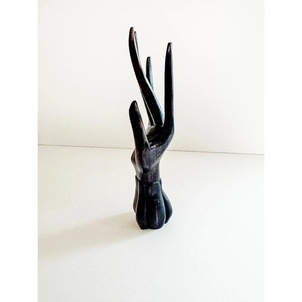 Vintage Hand Carved Wood Jewelry Display Stand Ring Holder Dark Brown 8 Inch